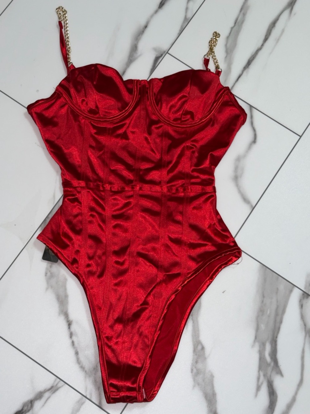 JSCatalog Red Satin Bustier One-Piece Bodysuit with Gold Chain Straps